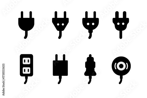 Power Plug Icons. Solid, filled icon set of power plugs: two-prong plug, three-prong plug, grounded plug, international plug, extension cord plug, wall