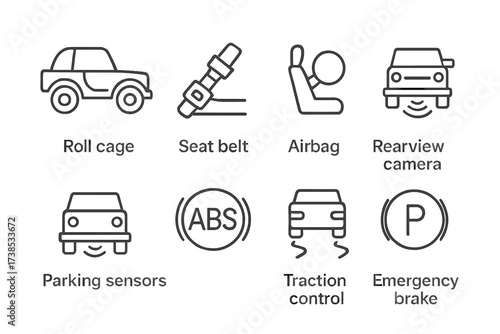 Jeep Safety Features Icons. Outline icon set of jeep safety features: roll cage, seat belt, airbags, rearview camera, parking sensors, ABS, traction control,