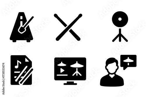 Percussion Practice Icons. Solid, filled icon set of ride cymbal practice and rehearsal: metronome, drumsticks, headphones, practice pad, music