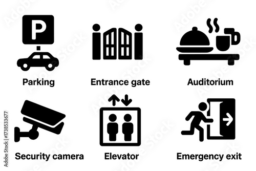 Headquarters Icon Set. Solid, filled icon set of headquarters facilities: parking lot, entrance gate, cafeteria, auditorium, security camera, elevator,