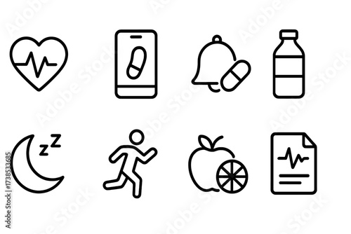 Health App Icon Set. Outline icon set of mobile app health: heart rate, step counter, medication reminder, water intake, sleep tracker, exercise