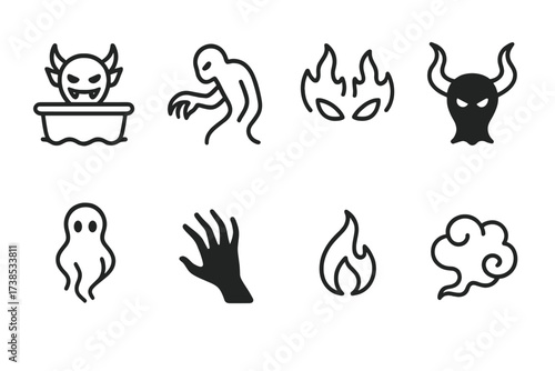 Shadowy Creature Icons. Outline icon set of shadowy creatures: bath demon, lurking claw, fiery eyes, twisted horns, smoky figure, shadow hand, flickering