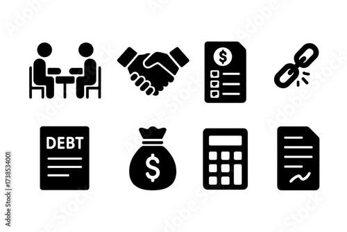 Debt Settlement Icons. Solid, filled icon set of debt settlement: negotiation table, handshake, payment plan, broken chain, debt document, money bag,
