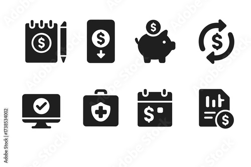 Financial Management Icons. Solid, filled icon set of collections financial management: budgeting, expense tracking, savings, loan refinancing,