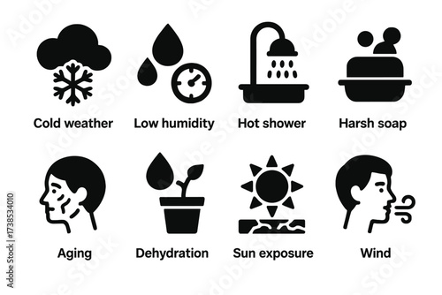 Dry Skin Causes. Solid, filled icon set of dry skin causes: cold weather, low humidity, hot shower, harsh soap, aging, dehydration, sun exposure, wind. Line