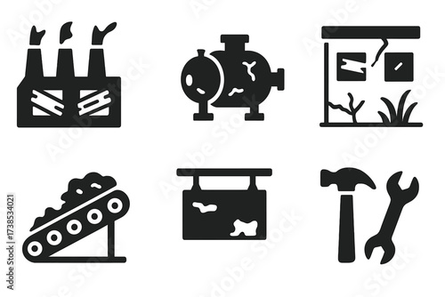 Vacant Factory Icons. Solid, filled icon set of vacant factory: broken smokestacks, rusted machinery, boarded windows, cracked concrete, overgrown plants,