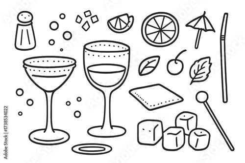 Festive Cocktail Doodles. Hand-drawn doodle illustration festive drink rims cocktail glass, wine glass, salt shaker, sugar crystals, lemon slice, lime wedge,