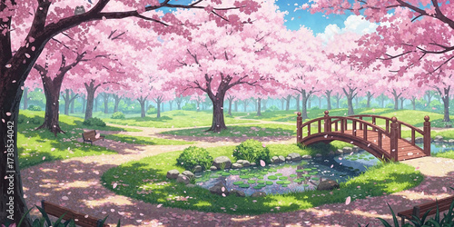 Park with pink cherry blossom trees and a small wooden bridge over a pond, an anime style spring landscape drawing illustration for background.