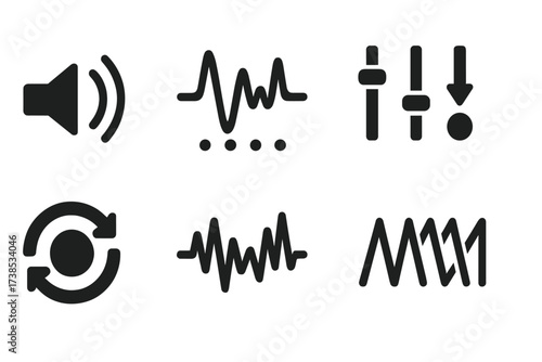 DJ Sound Effects Icons. Solid, filled icon set of DJ sound effects: echo, reverb, delay, filter sweep, beat drop, loop, distortion, flanger. Solid, filled