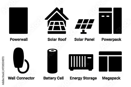 Tesla Energy Icons. Solid, filled icon set of Tesla energy products: Powerwall, Solar Roof, Solar Panel, Powerpack, Megapack, Wall Connector, Battery Cell,