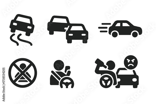 Reckless Driving Icons. Solid, filled icon set of reckless driving: drifting car, overtaking, speeding, no seatbelt, phone driving, drunk driving, reckless