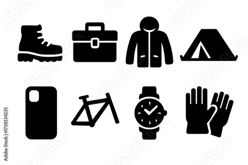 Durable Products Icons. Solid, filled icon set of durable products: hiking boot, toolbox, outdoor jacket, camping tent, smartphone case, bicycle frame, watch,