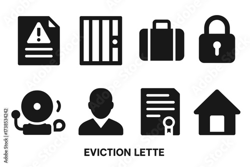 Tenant Eviction Icons. Solid, filled icon set of tenant eviction: eviction letter, barred door, suitcase, lock with keyhole, alarm bell, landlord silhouette,
