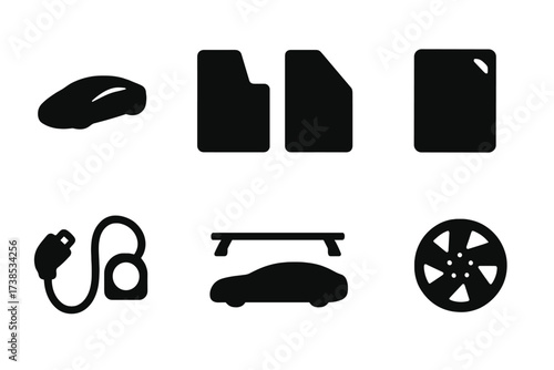 Tesla Accessories Icons. Solid, filled icon set of Tesla accessories: car key, floor mats, center console, screen protector, charging cable, roof rack, car