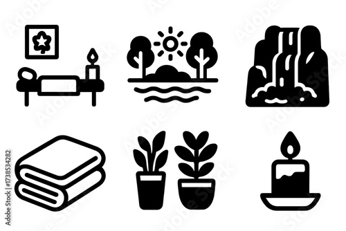 Rejuvenation Icon Set. Solid, filled icon set of rejuvenation environment: spa room, nature scene, zen stones, waterfall, candlelight, soft blanket, indoor