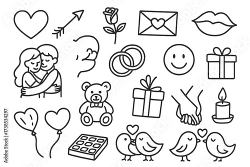 Romantic Love Doodle. Hand-drawn doodle illustration Romantic feelings and love symbols heart, cupid arrow, rose, love letter, kiss, hugging couple, wedding