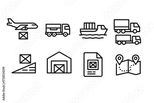 Weapon Crate Logistics Icons. Outline icon set of weapon crate logistics and transport: cargo plane, military truck, naval container, supply convoy, loading