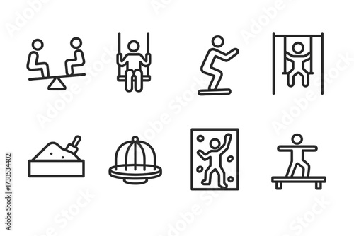 Balance Icon Collection. Outline icon set of balance board exercises: single leg stand, squats, plank on board, side lunges, balancing twist, toe taps, forward