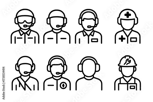 Helicopter Crew Icons. Outline icon set of helicopter crew: pilot, co-pilot, flight engineer, medic, rescue operator, navigator, ground crew, maintenance