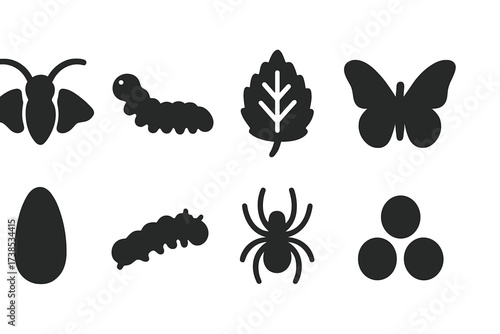 Silk Animal Icons. Solid, filled icon set of silk animals: silkworm moth, silkworm larva, mulberry leaf, butterfly, moth cocoon, caterpillar, silk spider, silk