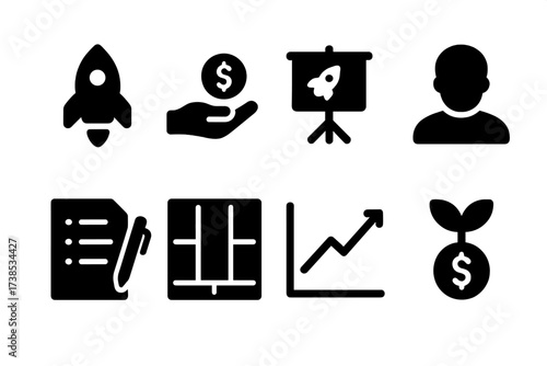 Venture Capital Icons. Solid, filled icon set of venture capital: startup rocket, funding hand, pitch deck icon, investor profile, term sheet, business model