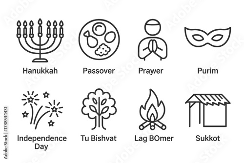Israeli Festival Icons. Outline icon set of Israeli festivals: Hanukkah menorah, Passover Seder plate, Yom Kippur prayer, Purim mask, Independence