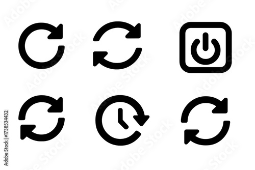Refresh Icon Set. Solid, filled icon set of refresh and reboot: reload symbol, circular arrow, restart button, sync icon, power cycle, reset switch, update
