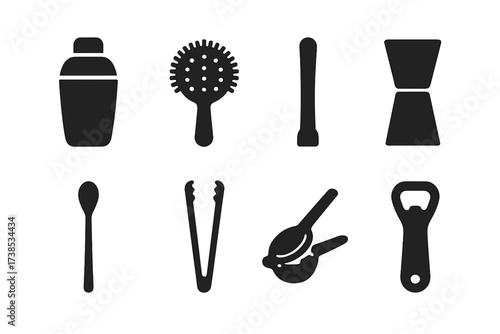 Cocktail Tools Icons. Solid, filled icon set of cocktail making tools: shaker, strainer, muddler, jigger, bar spoon, ice tongs, citrus squeezer, bottle opener.