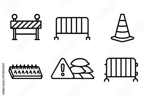Barricade Icon Set. Outline icon set of barricades and barriers: roadblock, metal fence, concrete barrier, traffic cone, spike strip, warning sign, sandbag
