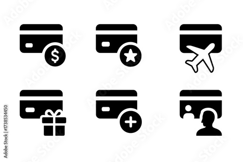 Credit Card Rewards Icons. Solid, filled icon set of credit card rewards: cashback, points, travel miles, gift cards, discounts, bonus offers, loyalty program,