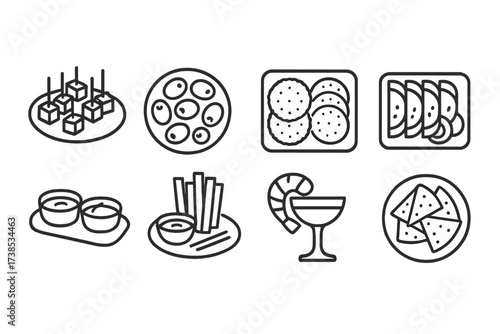 Appetizer Platter Icons. Outline icon set of appetizer platters: cheese cubes, olives, crackers, cured meats, dips, vegetable sticks, shrimp