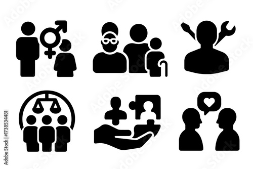 Diverse Team Icons. Solid, filled icon set of team diversity: gender balance, cultural diversity, age groups, skills variety, inclusivity, equal opportunity,