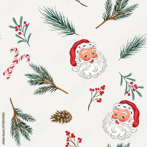Santa Claus, Christmas fir branch, red berry, mistletoe, cone, candy cane seamless pattern. Winter holiday wallpaper.