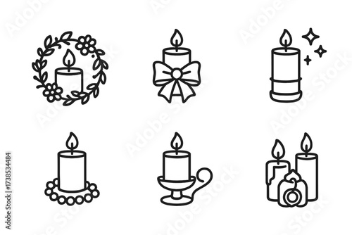 Candle Decoration Icons. Outline icon set of candle decorations: floral wreath, ribbon bow, glitter, beads, decorative holders, personalized tags, wax seals,