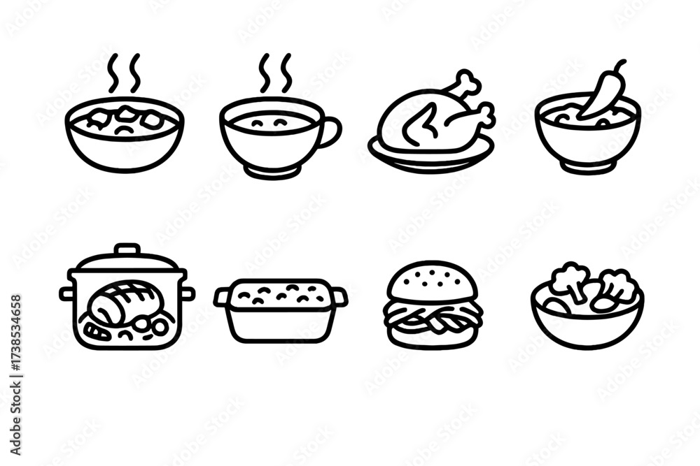 Fototapeta premium Slow Cooker Icon Set. Outline icon set of slow cooker meals: stew, soup bowl, roast chicken, chili, pot roast, casserole, pulled pork, vegetable medley. Line