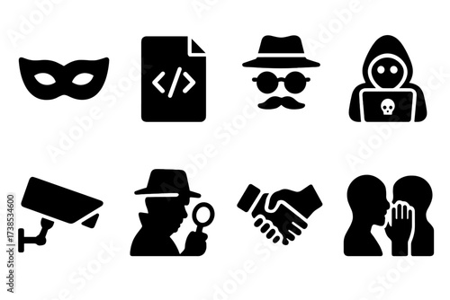 Secrecy Actions Icons. Solid, filled icon set of secrecy actions: masking, code writing, disguise, hacking, surveillance, spying, secret handshake, whispering.