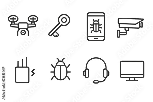 Secret Tech Icons. Outline icon set of secret technology: spy drone, encryption key, hacking device, surveillance camera, jammer, bug, headset, computer. [Line
