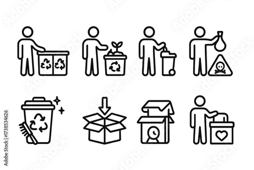 Recycling Icon Set. Outline icon set of recycling and waste chores: sorting recycling, composting, taking out trash, hazardous waste disposal, cleaning bins,