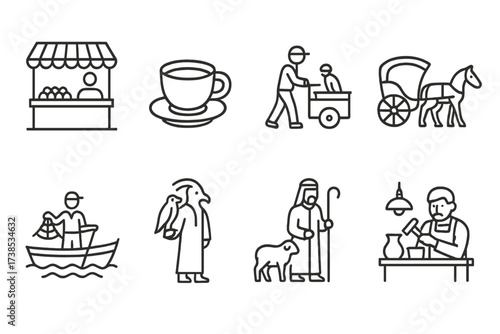 Middle Eastern Icon Set. Outline icon set of Lebanese daily life: souk market, coffee cup, street vendor, horse carriage, fishing boat, falconer, shepherd,
