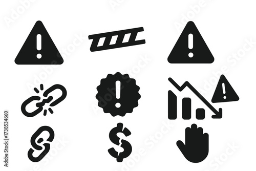 Financial Risk Icons. Solid, filled icon set of financial risk: danger sign, caution tape, warning triangle, falling graph, broken chain, alert badge, cracked
