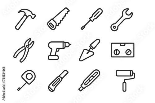 Construction Tool Icons. Construction tools. Line icon set of construction tools: hammer, saw, screwdriver, wrench, pliers, drill, trowel, level, tape measure,