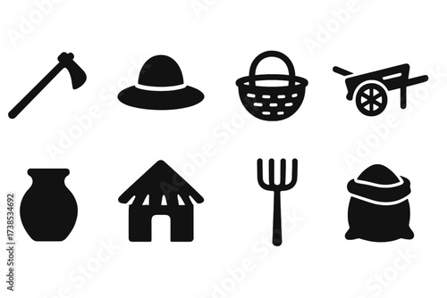 Peasant Life Icons. Solid, filled icon set of peasants daily life: farming hoe, straw hat, basket, wooden cart, clay pot, thatched hut, pitchfork, sack of