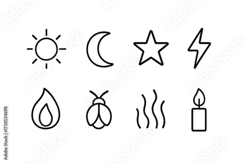 Natural Light Icons. Outline icon set of natural lights: sun, moon, star, lightning bolt, fire, glow worm, aurora, candle flame. Line icons in only black