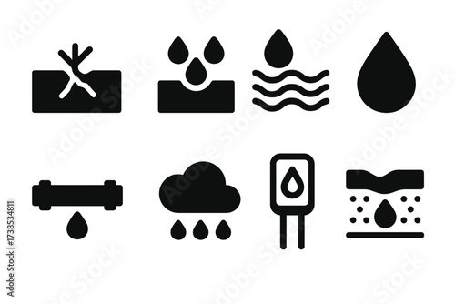 Soil Moisture Icons. Solid, filled icon set of soil moisture levels: dry soil, moist soil, saturated soil, water droplet, irrigation pipe, rain cloud, humidity
