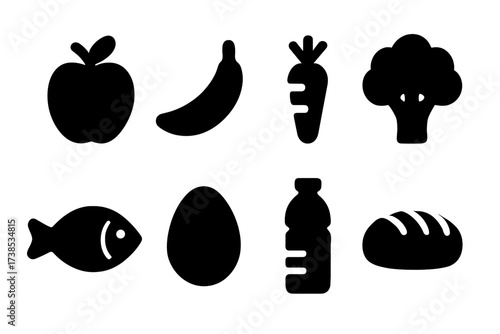 Nutrition Basics Icons. Solid, filled icon set of nutrition basics: apple, banana, carrot, broccoli, fish, egg, water bottle, grain loaf. [Line icons in only