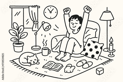 Cozy Corner Doodle. Hand-drawn doodle illustration A person stretching after a nap in a cozy corner pillow, blanket, mug, cat, book, slippers, candle, plant