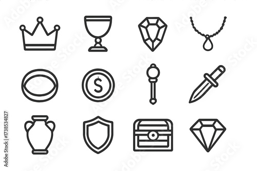 Ancient Treasure Icons. Ancient treasures. Line icon set of ancient treasures: golden crown, goblet, jewel, necklace, bracelet, coin, scepter, dagger, urn,