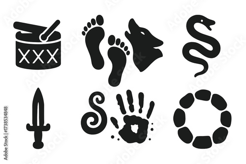 Primal Ritual Icons. Solid, filled icon set of primal rituals: drum, bare footprints, howl symbol, serpent tattoo, ritual dagger, smoke spiral, ash handprint,