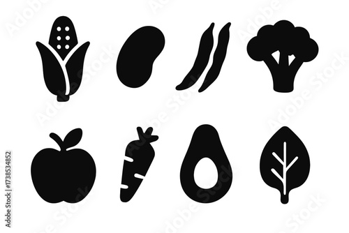 Healthy Foods Icons. Solid, filled icon set of healthy foods: corn cob, black bean, green beans, broccoli, apple, carrot, avocado, spinach leaf. [Line icons in