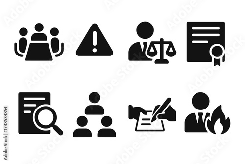 Corporate Icon Set. Solid, filled icon set of corporate liability: board meeting, risk assessment, legal counsel, compliance certificate, audit, shareholder